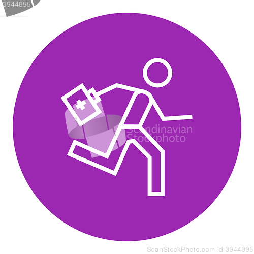 Image of Paramedic running with first aid kit line icon.