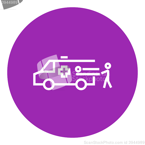 Image of Man with patient and ambulance car line icon.