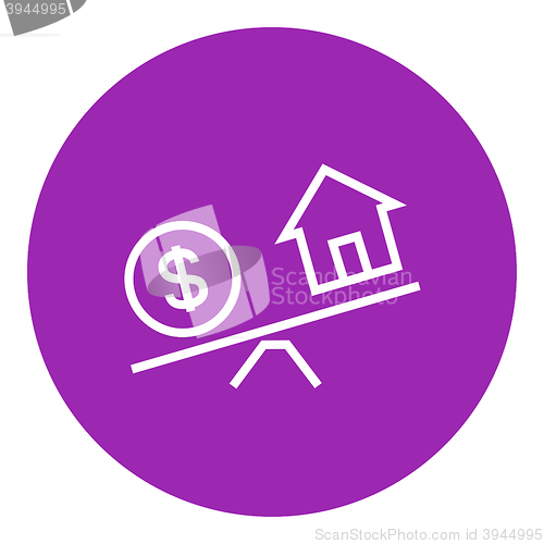 Image of House and dollar symbol on scales line icon.