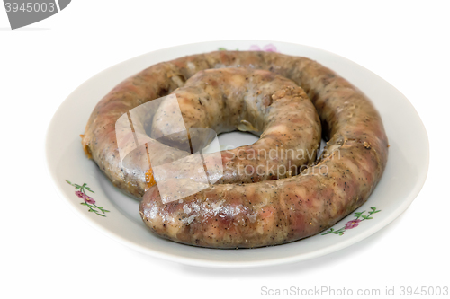 Image of Fried pork sausage are homemade on a white background.