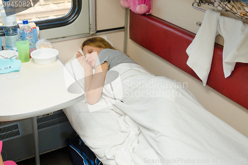 Image of Girl sleeping in a train compartment on the lower second-class place car