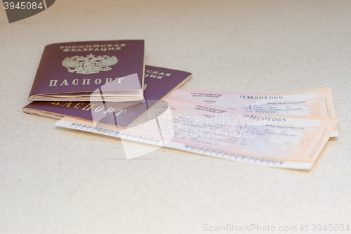 Image of Volgograd, Russia - August 12, 2015: Passport of the citizen of the Russian Federation and train tickets