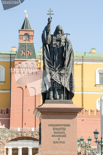 Image of Moscow, Russia - August 11, 2015: Monument Hieromartyr ermogen, Patriarch of Moscow and All Russia, in the Alexander Garden Moscow Kremlin