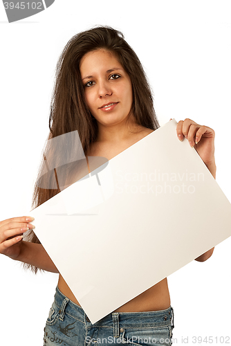 Image of sexy nude woman holding blank banner