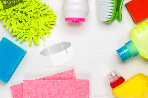 Image of House cleaning products on white table