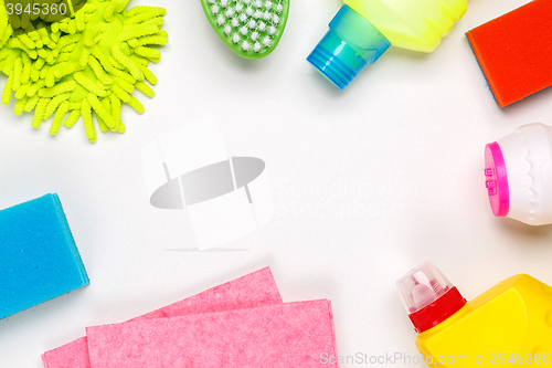 Image of House cleaning products on white table