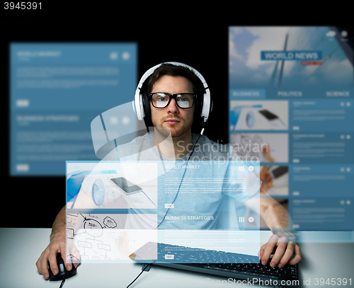 Image of man in headset computer over virtual media screens