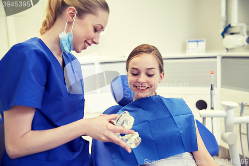 Image of happy dentist showing jaw model to patient girl