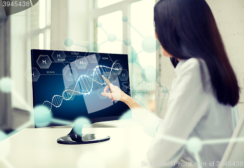 Image of close up of woman with dna molecule on computer