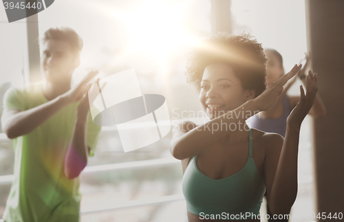 Image of group of smiling people dancing in gym or studio