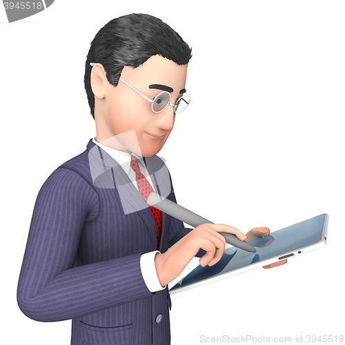 Image of Businessman Character Represents Progress Report And Analysis 3d