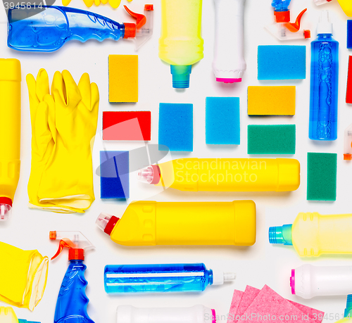 Image of Cleaning supplies on white background.