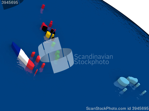 Image of New Caledonia, Fiji and Vanuatu on 3D map with flags