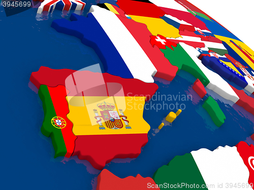 Image of Spain and Portugal on 3D map with flags