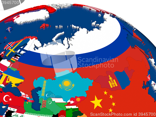 Image of Russia on 3D map with flags