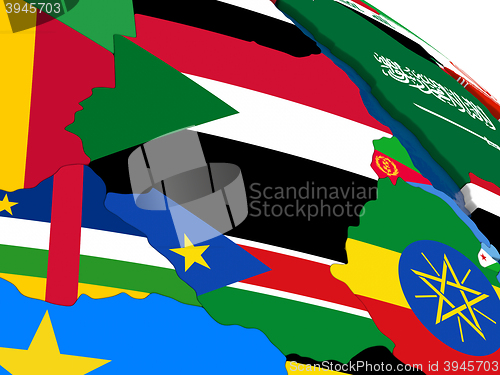 Image of Sudan and South Sudan on 3D map with flags