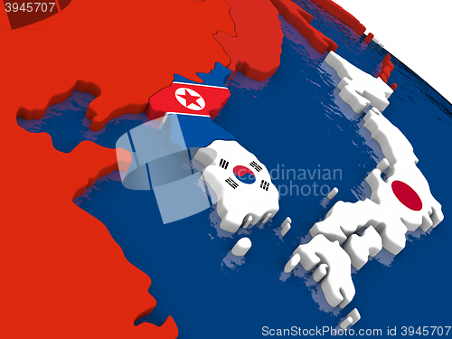 Image of South Korean and North Korea on 3D map with flags