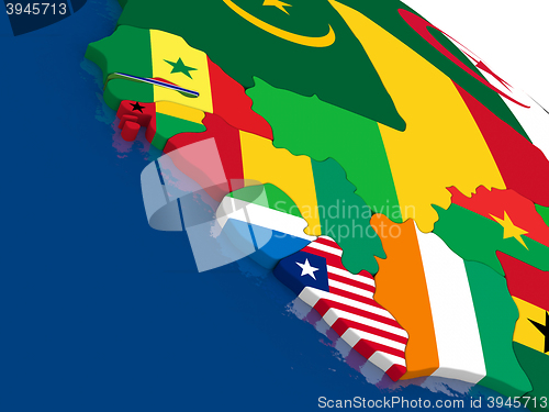 Image of Liberia, Sierra Leone and Guinea on 3D map with flags