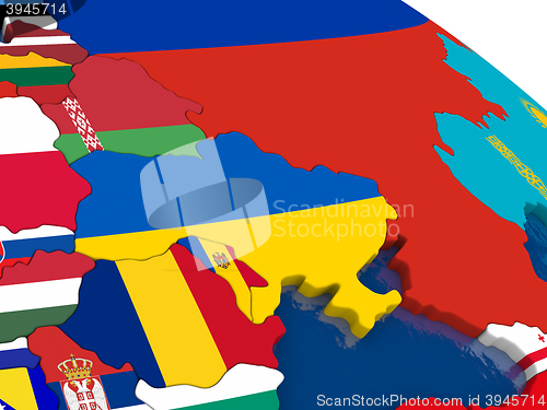 Image of Ukraine on 3D map with flags