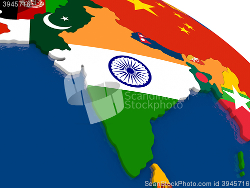 Image of India on 3D map with flags