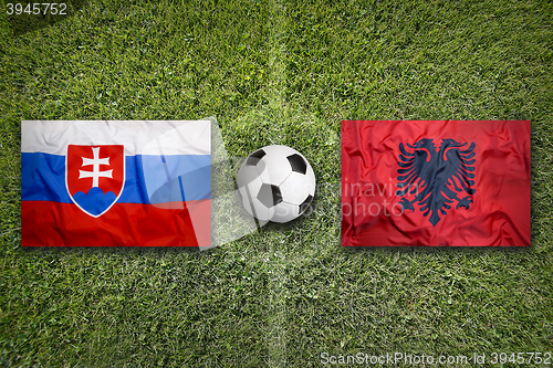 Image of Slovakia vs. Albania flags on soccer field