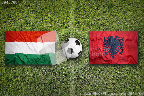 Image of Hungary vs. Albania flags on soccer field