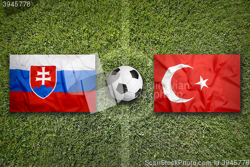 Image of Slovakia vs. Turkey flags on soccer field