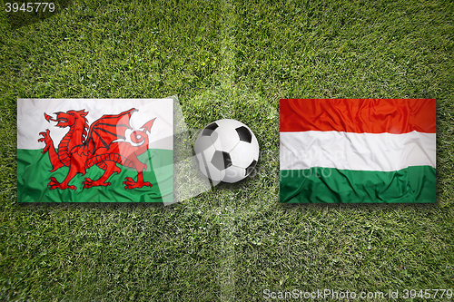 Image of Wales vs. Hungary flags on soccer field