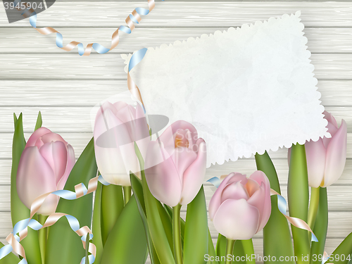 Image of Old card and fresh tulips. EPS 10