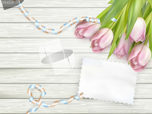 Image of Old card and fresh tulips. EPS 10