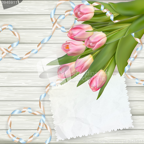 Image of Bouquet of tulips with an empty card. EPS 10