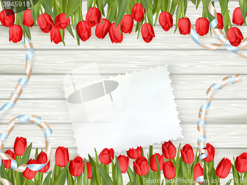Image of Bouquet of tulips with an empty card. EPS 10