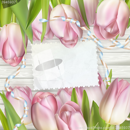 Image of Empty note paper and tulip flowers. EPS 10
