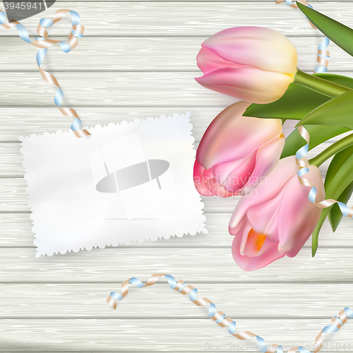 Image of Bouquet of tulips on rustic wooden board. EPS 10