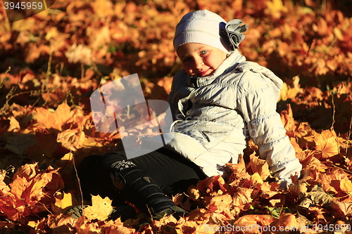 Image of little girl laying in yellow leaves
