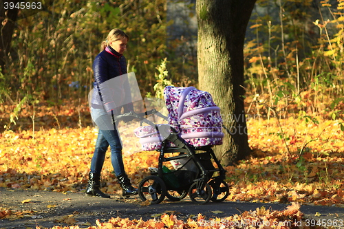 Image of woman with baby in perambulator in the park