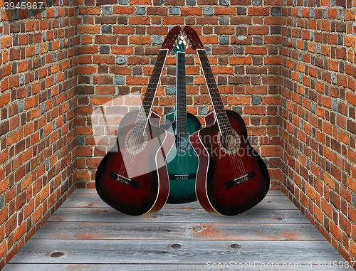 Image of three guitars in the corner of the room