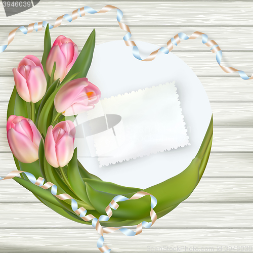 Image of Bouquet of tulips on rustic wooden board. EPS 10