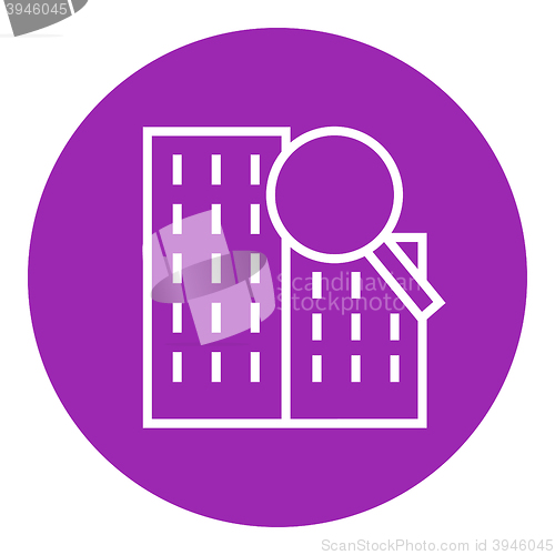 Image of Condominium and magnifying glass line icon.