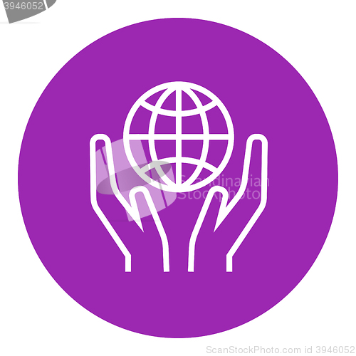 Image of Two hands holding globe line icon.