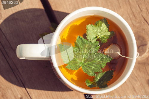 Image of Top view of tea with currant leaf in white cup