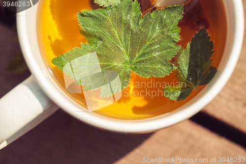 Image of Top view of tea with currant leaf in white cup