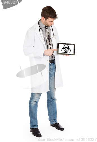 Image of Doctor holding tablet - Warning! Biohazard!