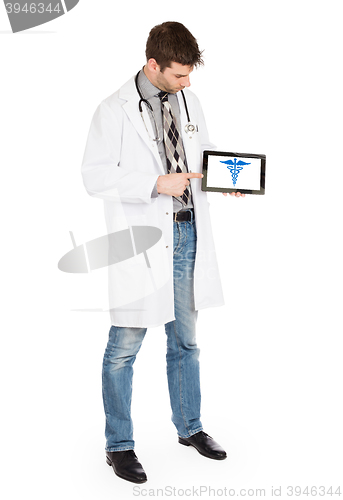 Image of Doctor holding tablet - Caduceus symbol