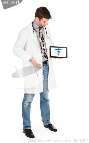 Image of Doctor holding tablet - Caduceus symbol