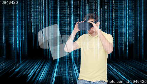 Image of happy man in virtual reality headset or 3d glasses