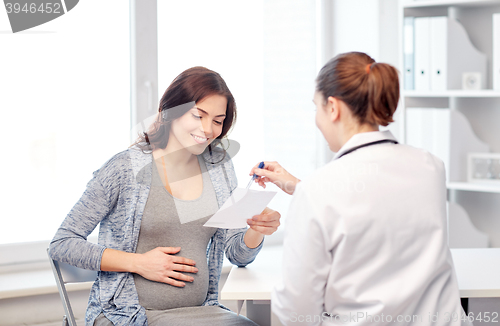 Image of gynecologist doctor and pregnant woman at hospital