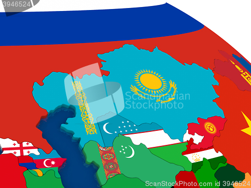 Image of Kazakhstan on 3D map with flags