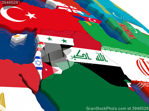 Image of Israel, Lebanon, Jordan, Syria and Iraq region on 3D map with fl