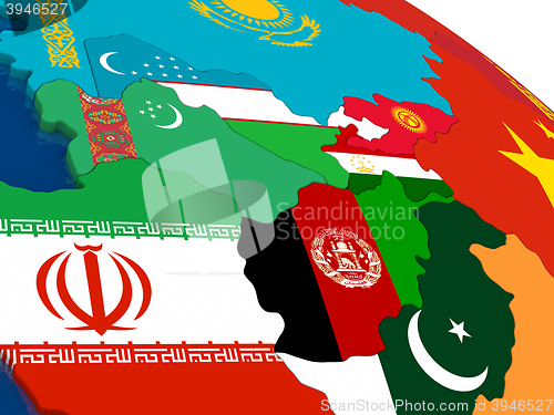 Image of Central Asia on 3D map with flags